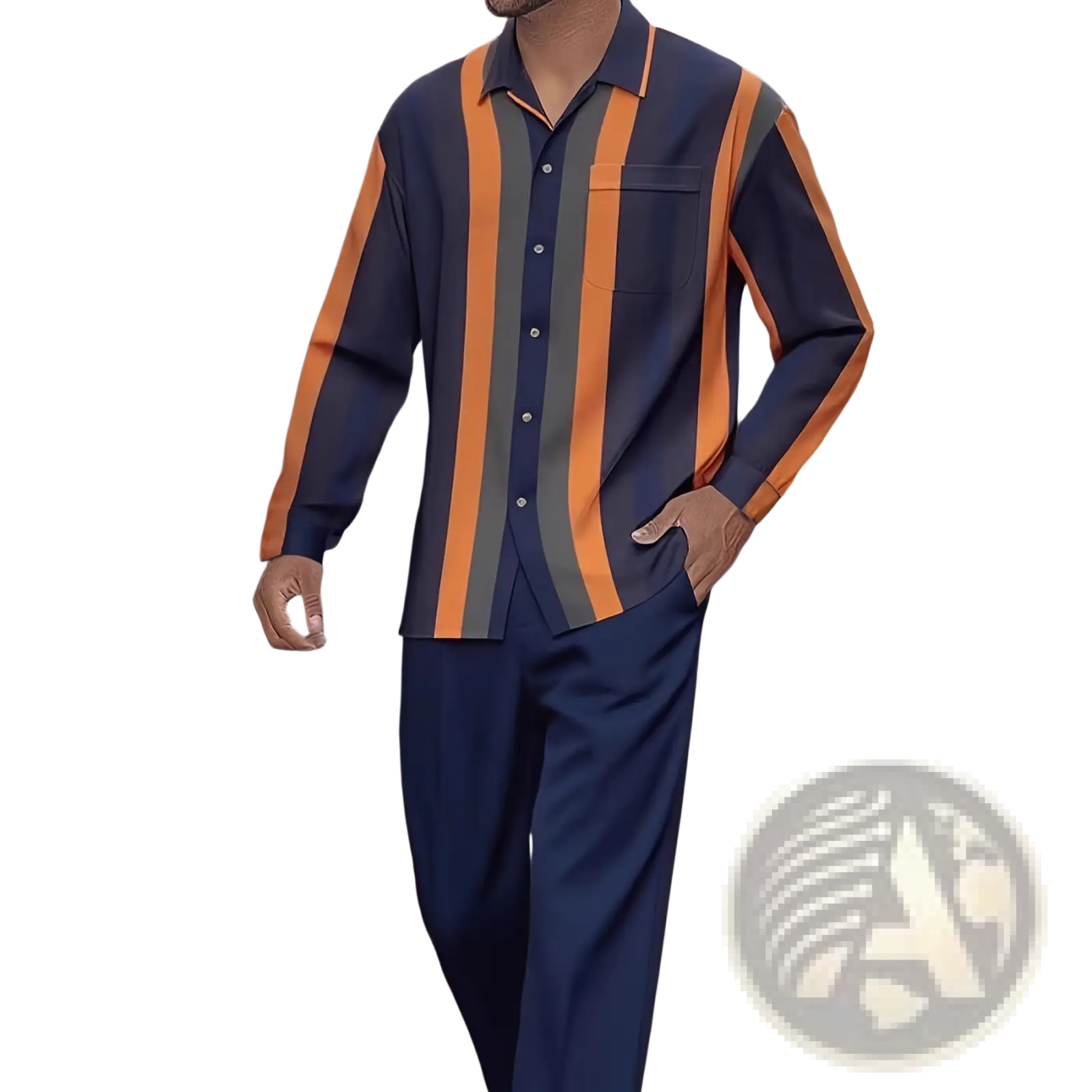 Men striped long sleeve button up shirt in navy blue and orange with chest pocket suitable for casual wear