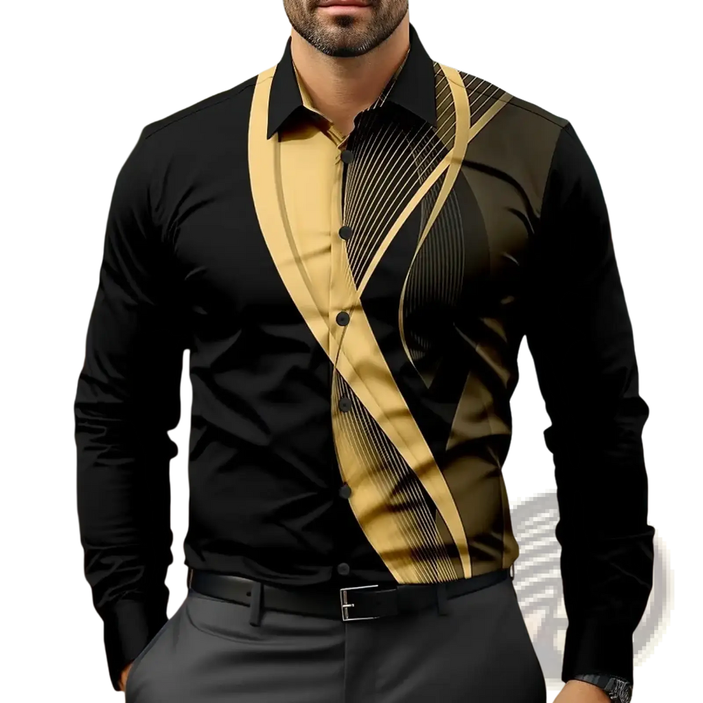 Men striped long sleeve casual shirt in black and gold with diagonal stripes and button-up front design