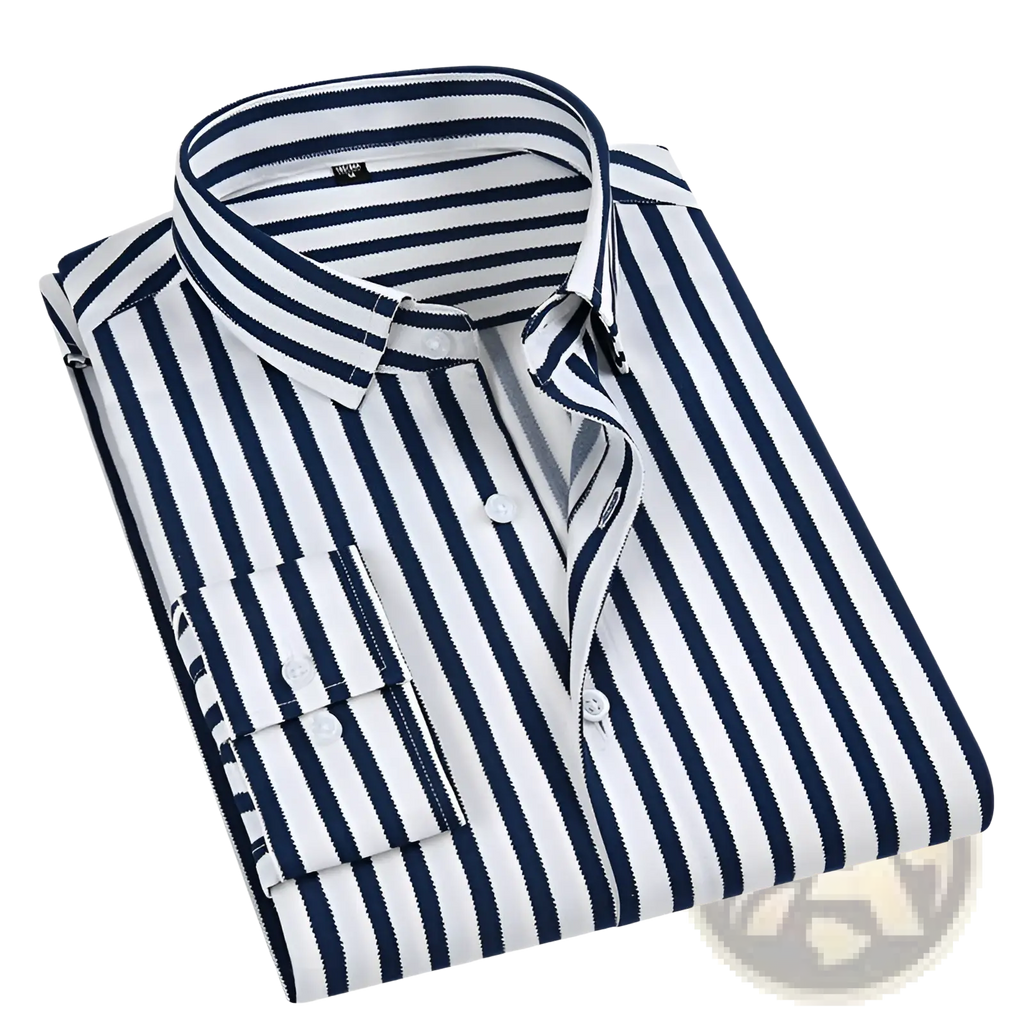 Men striped long sleeve slim fit shirt in navy and white vertical stripes with a classic collar and button-down front