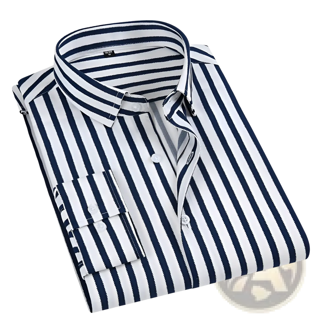 Men striped long sleeve slim fit shirt with bold navy blue and white vertical stripes, classic collar, and chest pocket