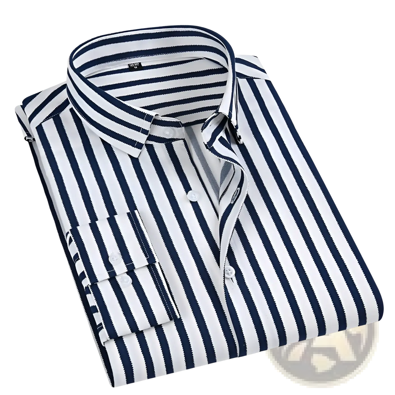 Men striped long sleeve slim fit shirt with bold navy blue and white vertical stripes, classic collar, and chest pocket