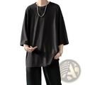 Black ribbed cotton t-shirt with relaxed fit and three-quarter sleeves for men in oversized summer style