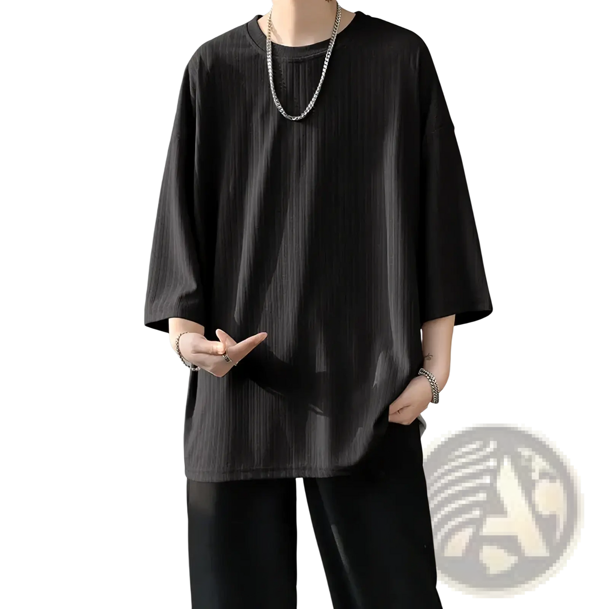 Black ribbed cotton t-shirt with relaxed fit and three-quarter sleeves for men in oversized summer style