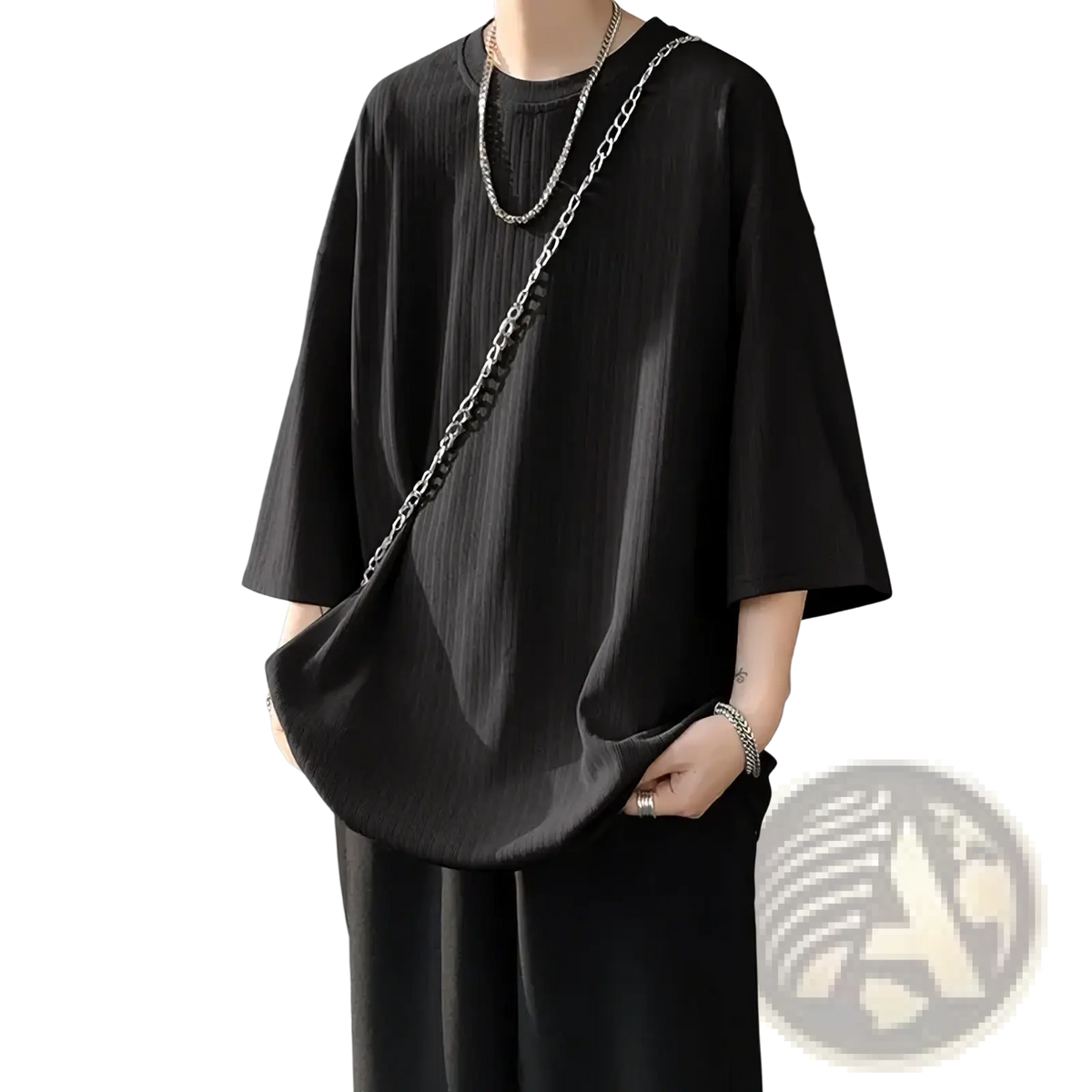 Men striped oversized summer t-shirt black textured cotton with three-quarter sleeves and round neckline