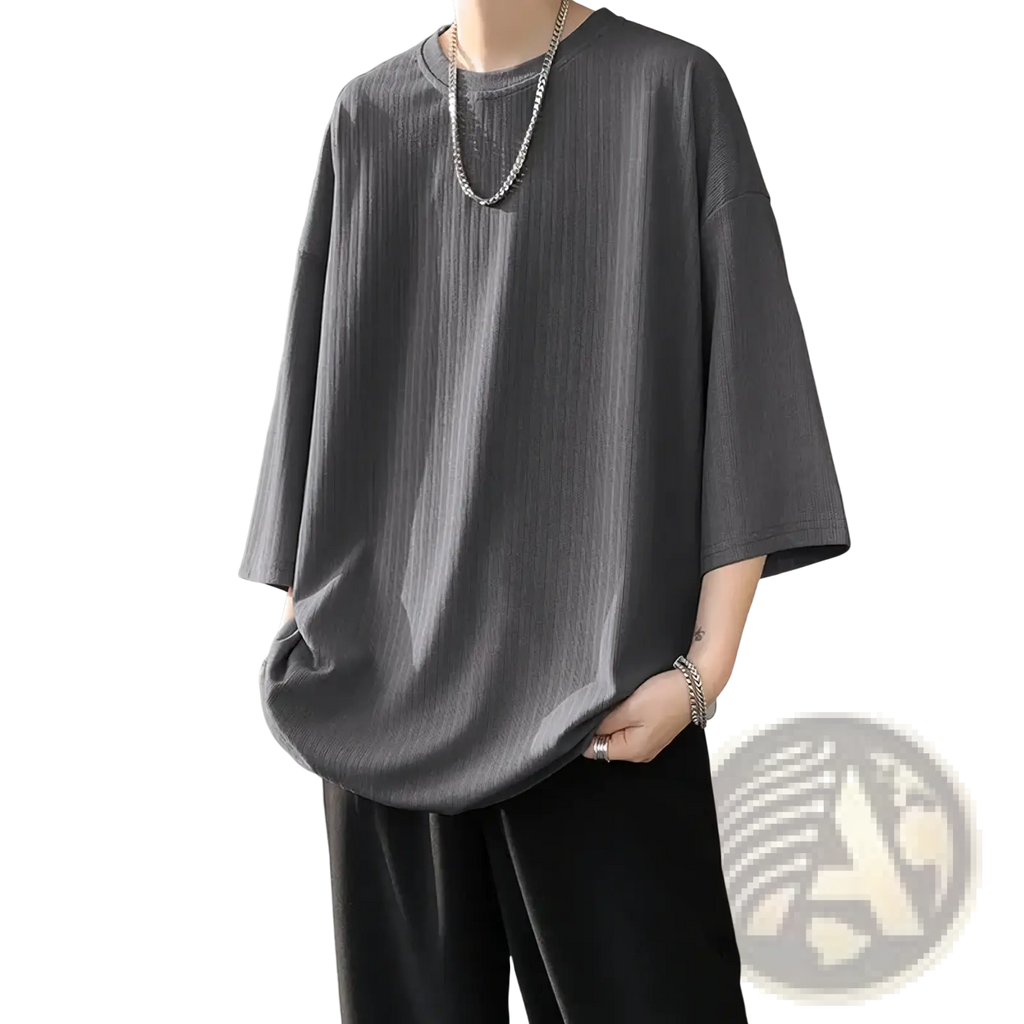 Men striped oversized summer t shirt in dark gray loose fitting short sleeve with subtle ribbed texture