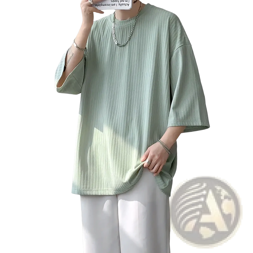 Light green ribbed cotton men striped oversized summer t shirt with relaxed fit and three quarter sleeves