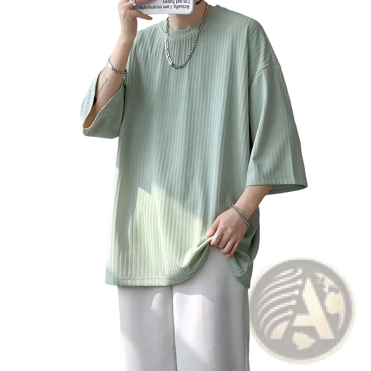 Light green ribbed cotton men striped oversized summer t shirt with relaxed fit and three quarter sleeves