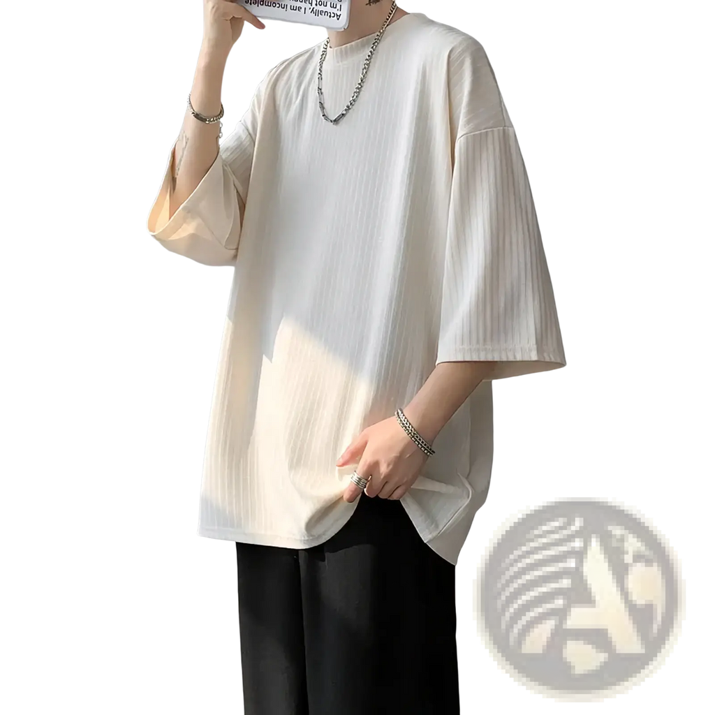 Off-white ribbed cotton men striped oversized summer t shirt with loose fit and three quarter sleeves