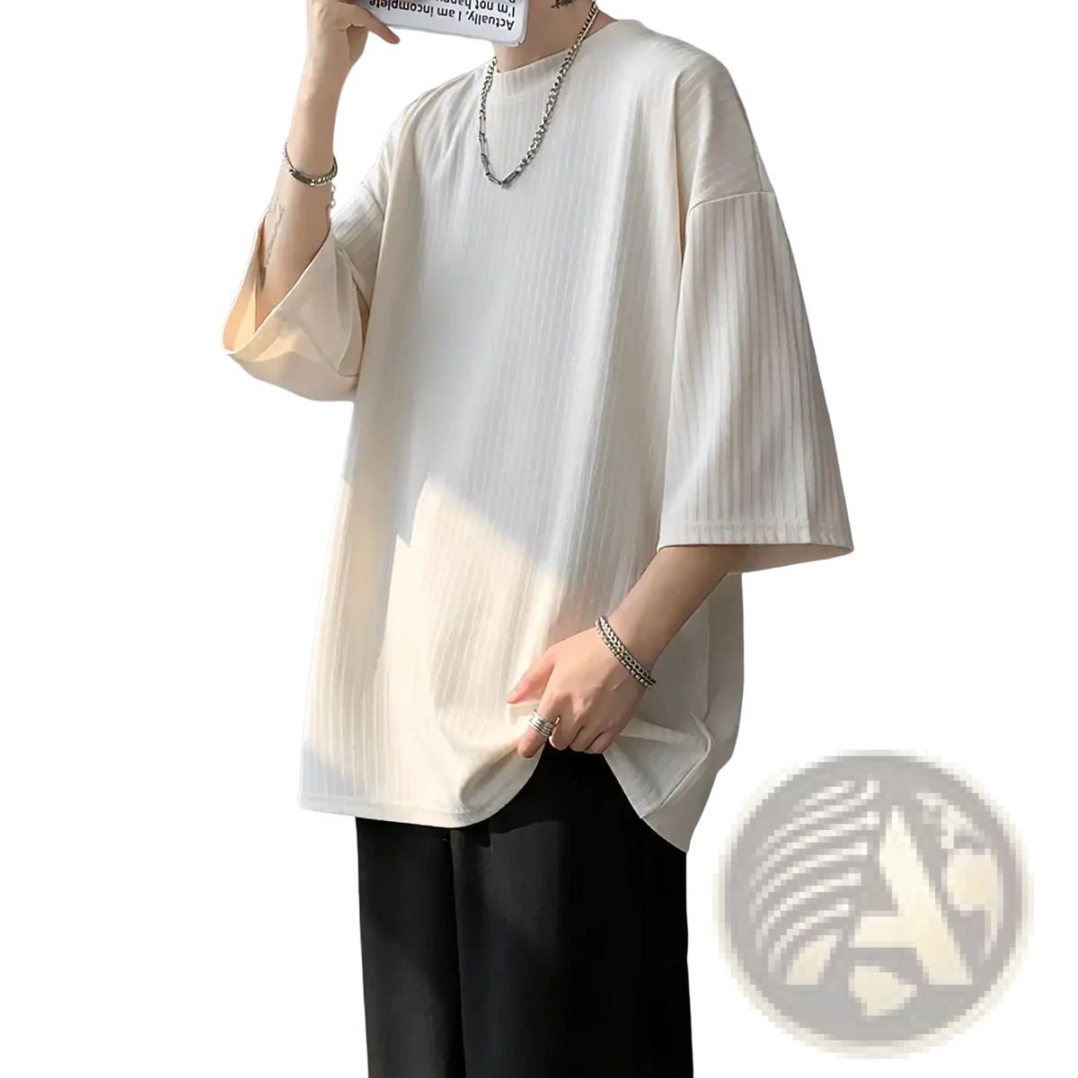 Off-white ribbed cotton men striped oversized summer t shirt with loose fit and three quarter sleeves