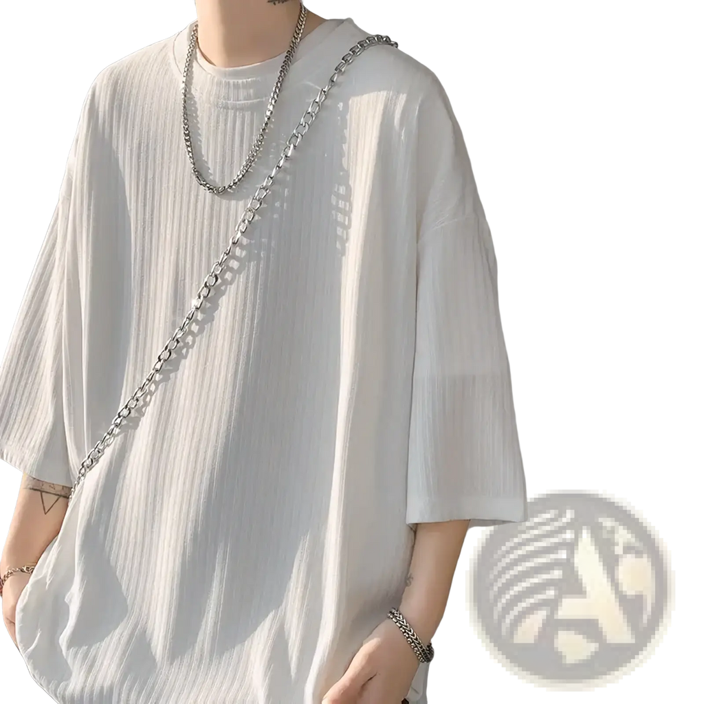 Men striped oversized summer t-shirt in white ribbed cotton with short sleeves and a crew neck