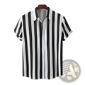 Men striped short sleeve button up shirt in black and white vertical stripes hanging on a wooden hanger
