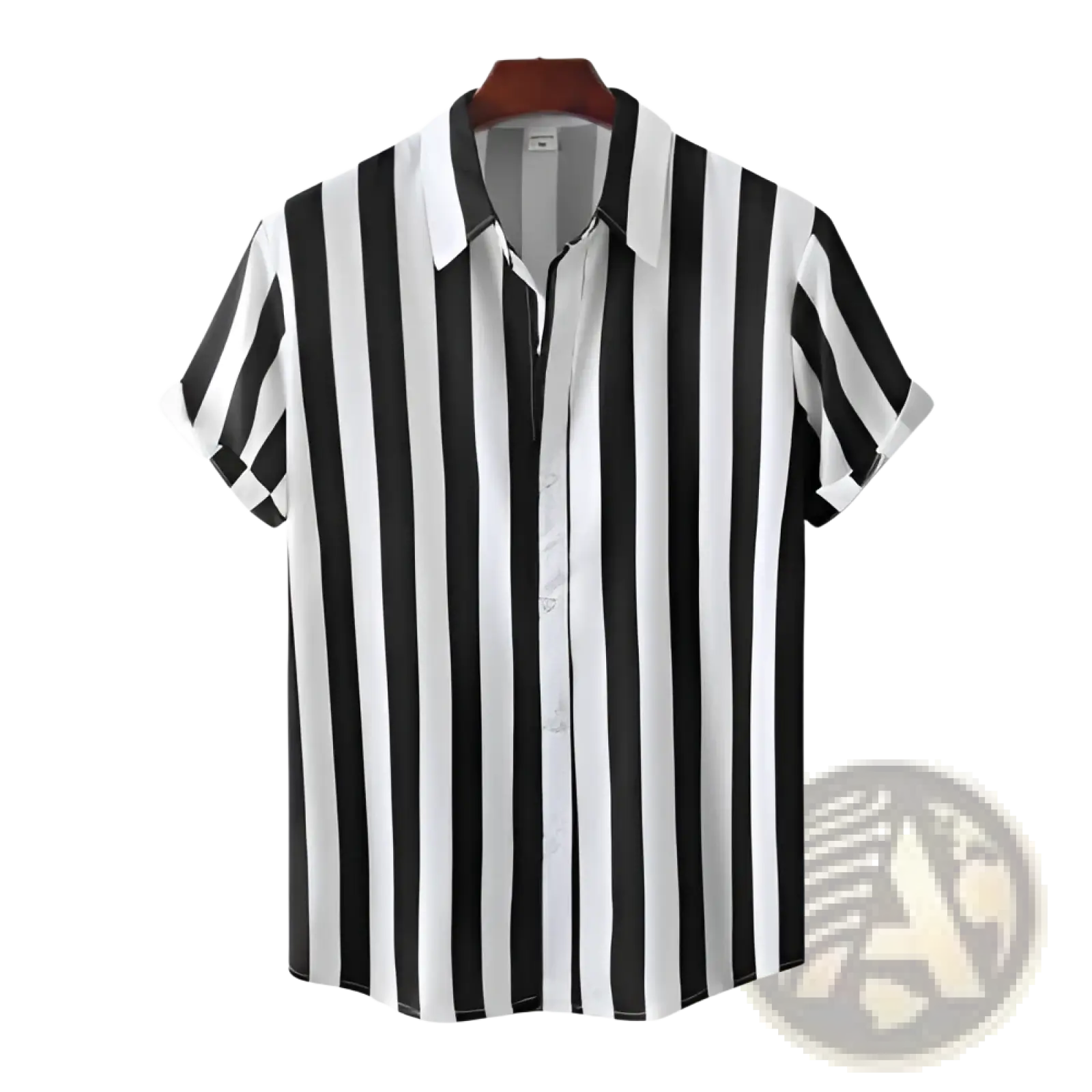 Men striped short sleeve button up shirt in black and white vertical stripes hanging on a wooden hanger