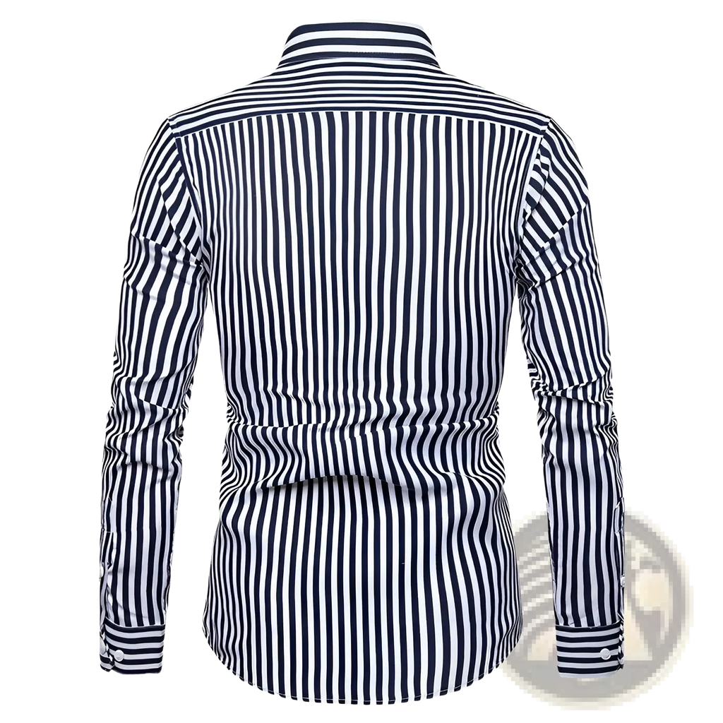 Men striped slim fit long sleeve casual shirt with navy and white vertical stripes and a classic collar