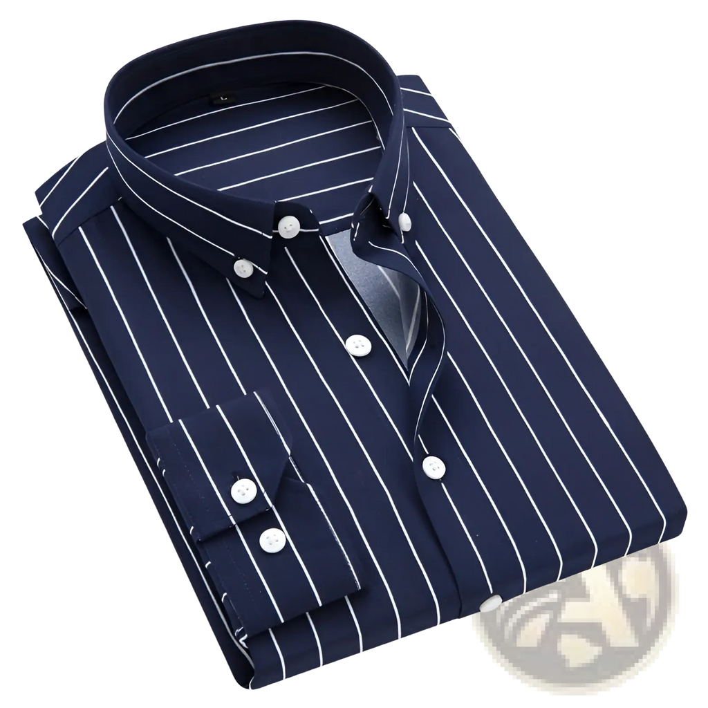 Men striped slim fit long sleeve casual shirt in navy blue with crisp white vertical stripes and matching white buttons