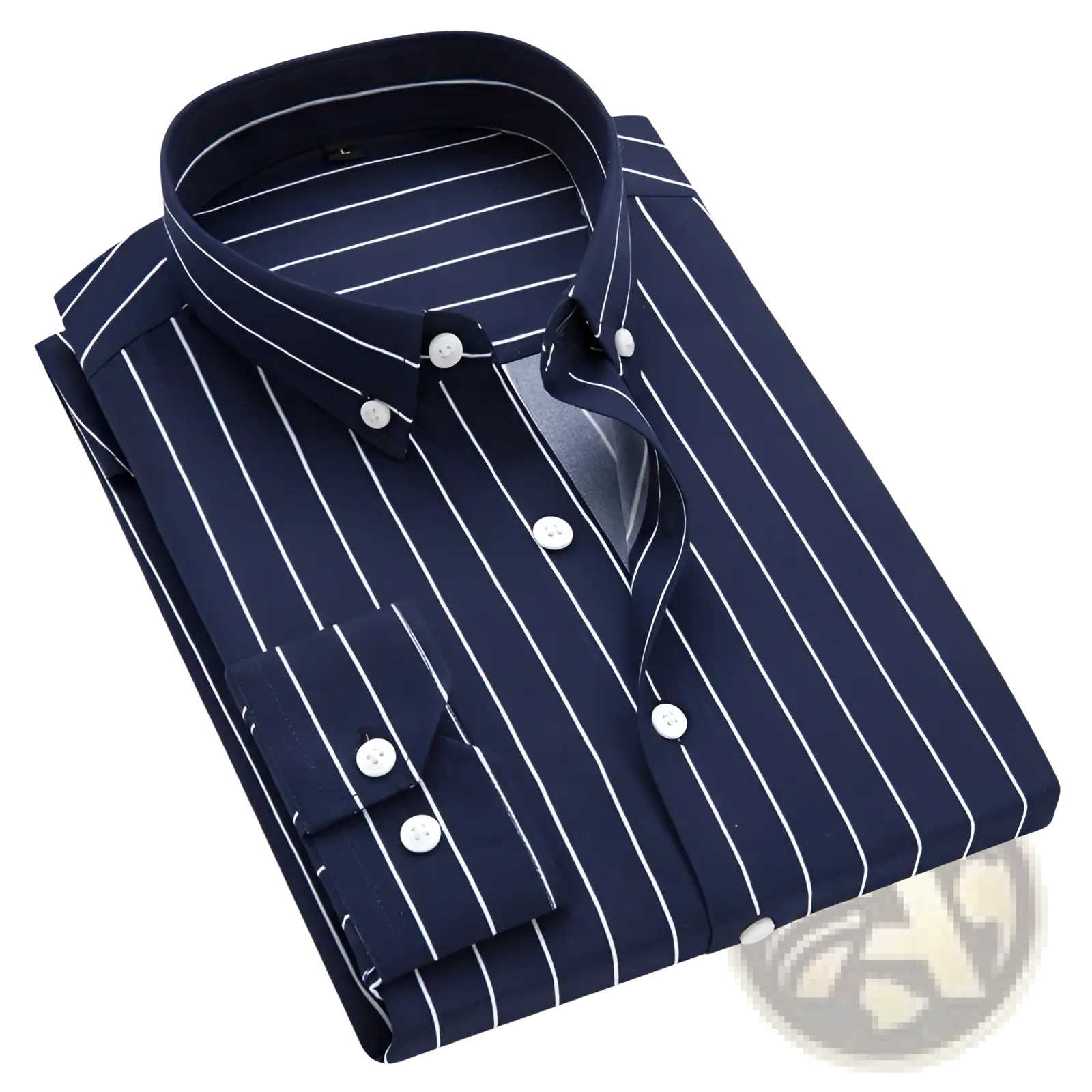 Men striped slim fit long sleeve casual shirt in navy blue with crisp white vertical stripes and matching white buttons