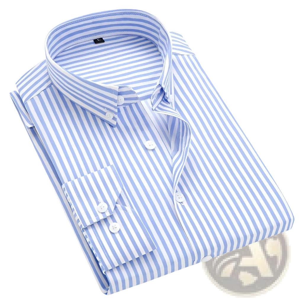 A neatly folded men striped slim fit long sleeve casual shirt with vertical light blue and white stripes and classic collar
