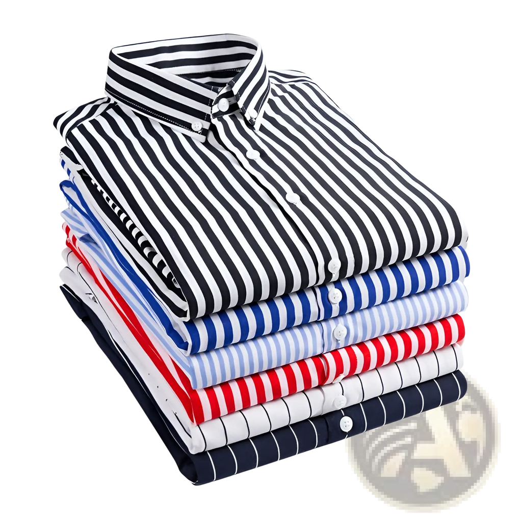 Stack of men striped slim fit long sleeve casual shirts in black white blue white red white and navy white stripes
