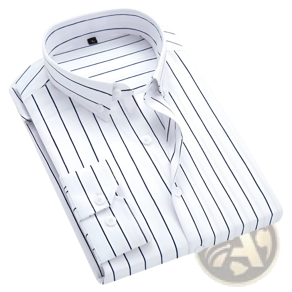 Men striped slim fit long sleeve casual shirt white with thin black vertical stripes and classic collar