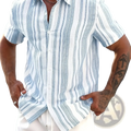Men striped summer button down shirt with blue and white vertical stripes made from lightweight fabric