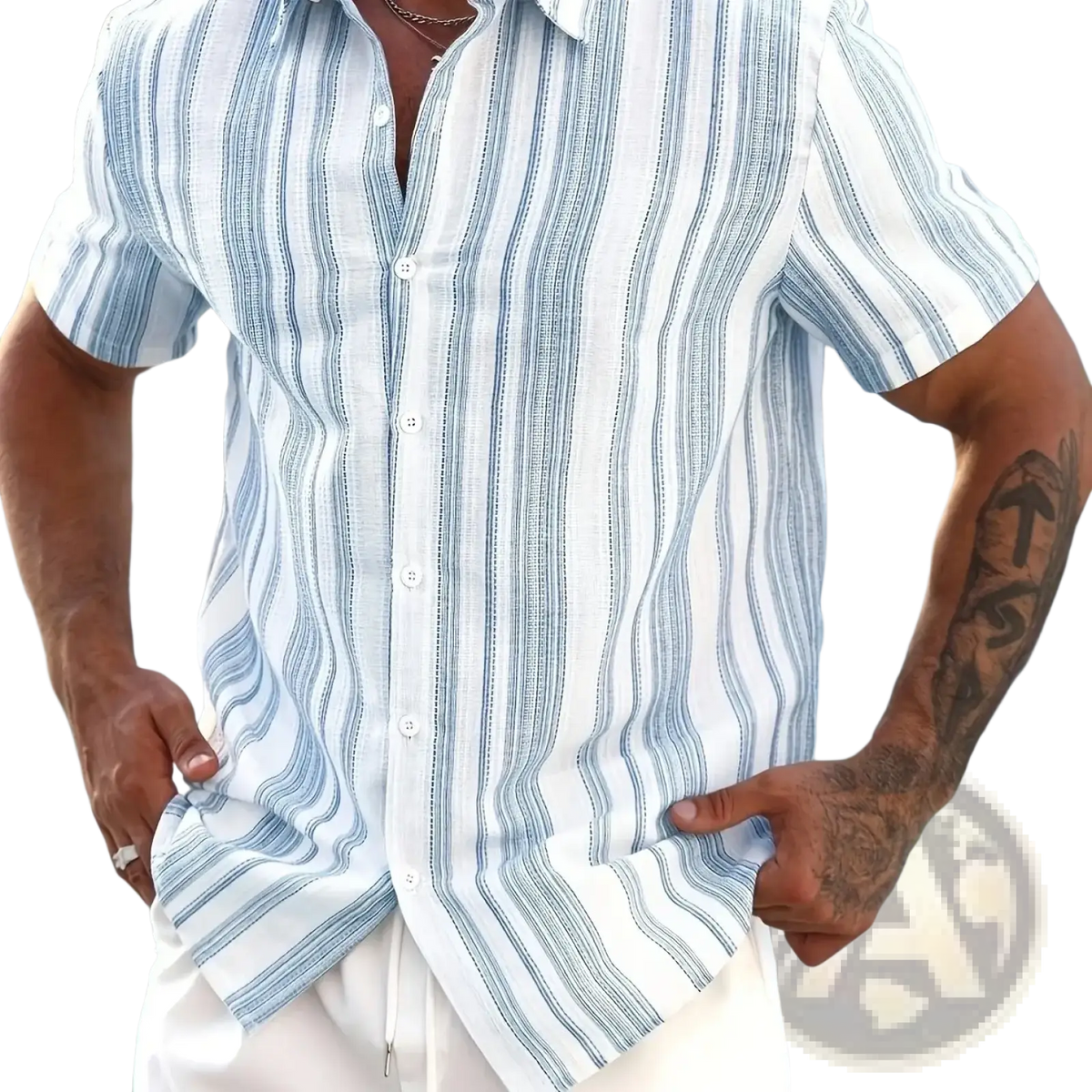Men striped summer button down shirt with blue and white vertical stripes made from lightweight fabric