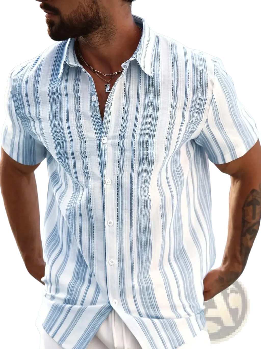A man wearing a men striped summer button down shirt with blue and white vertical stripes and short sleeves