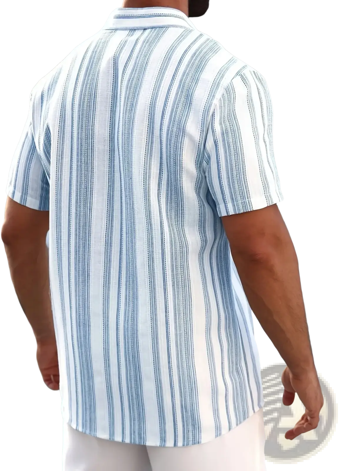 A man wearing a men striped summer button down shirt with blue and white vertical stripes and short sleeves