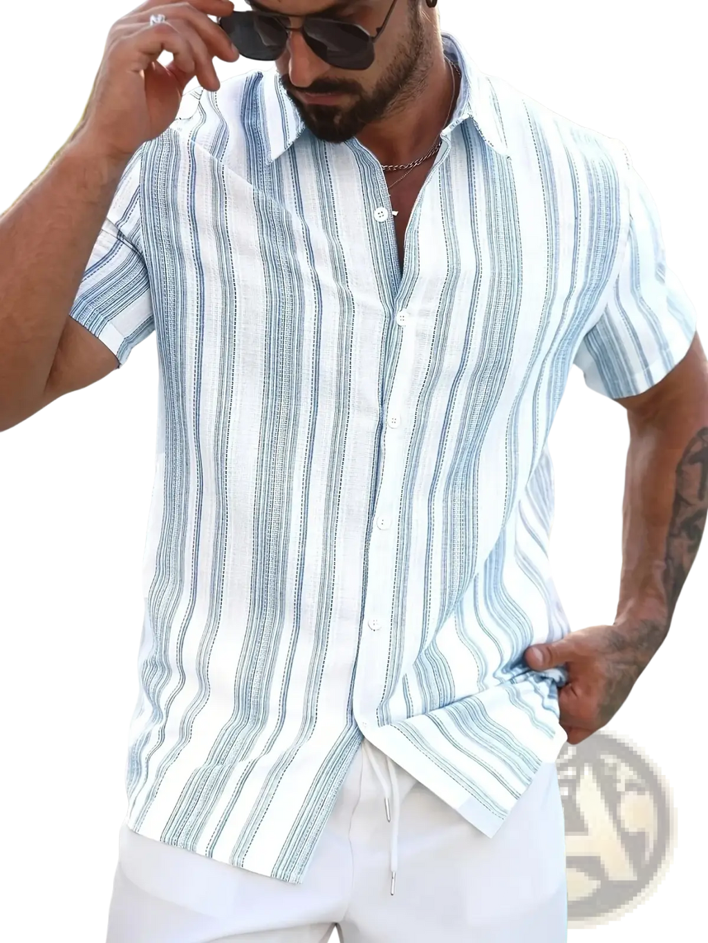 A man wearing a men striped summer button down shirt with white and light blue vertical stripes