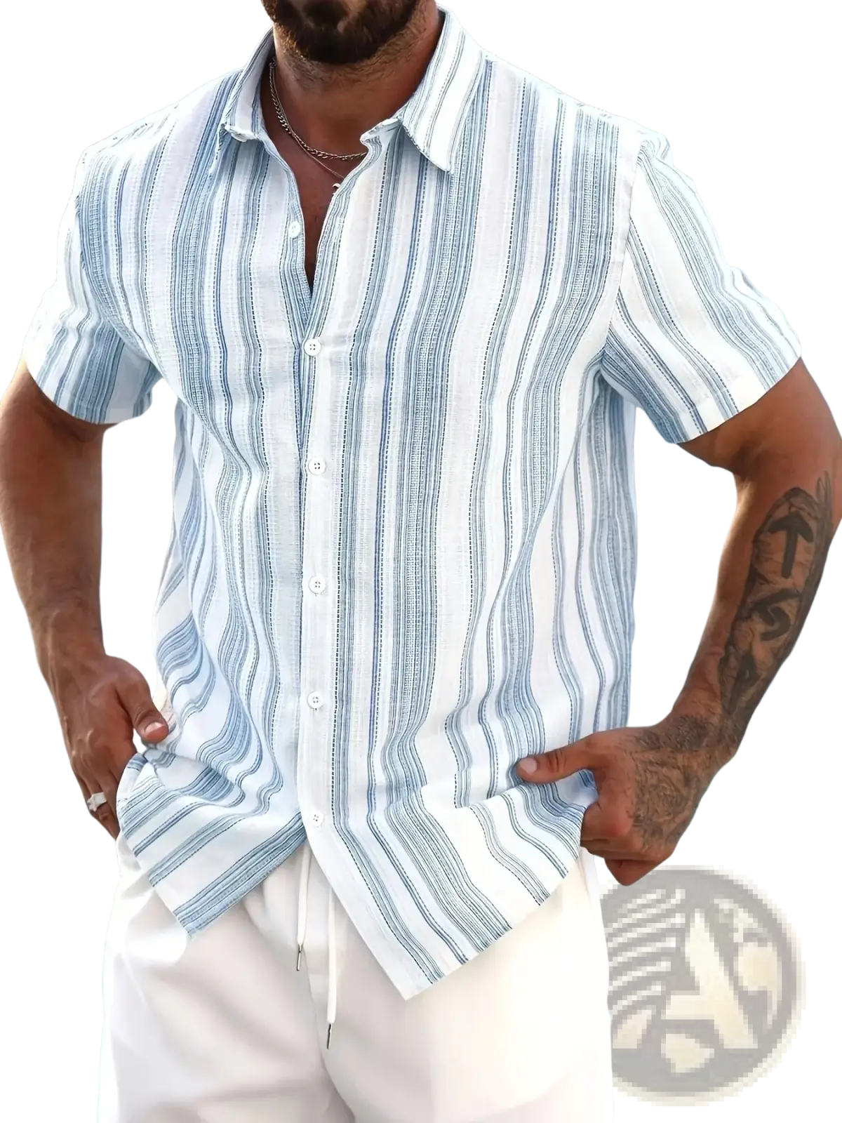 A man wearing a men striped summer button down shirt with white and light blue vertical stripes