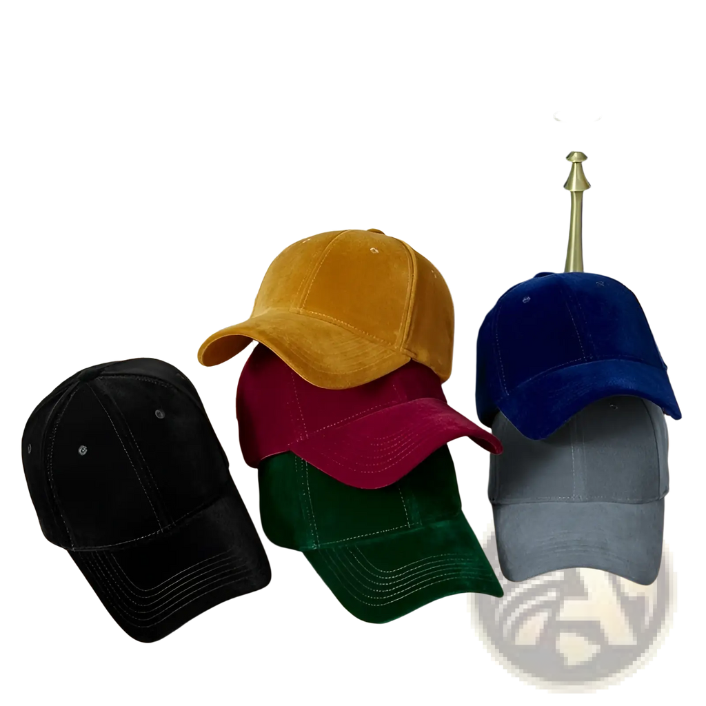 A stack of five thickened winter suede baseball caps in black, mustard yellow, burgundy, emerald green, and navy blue