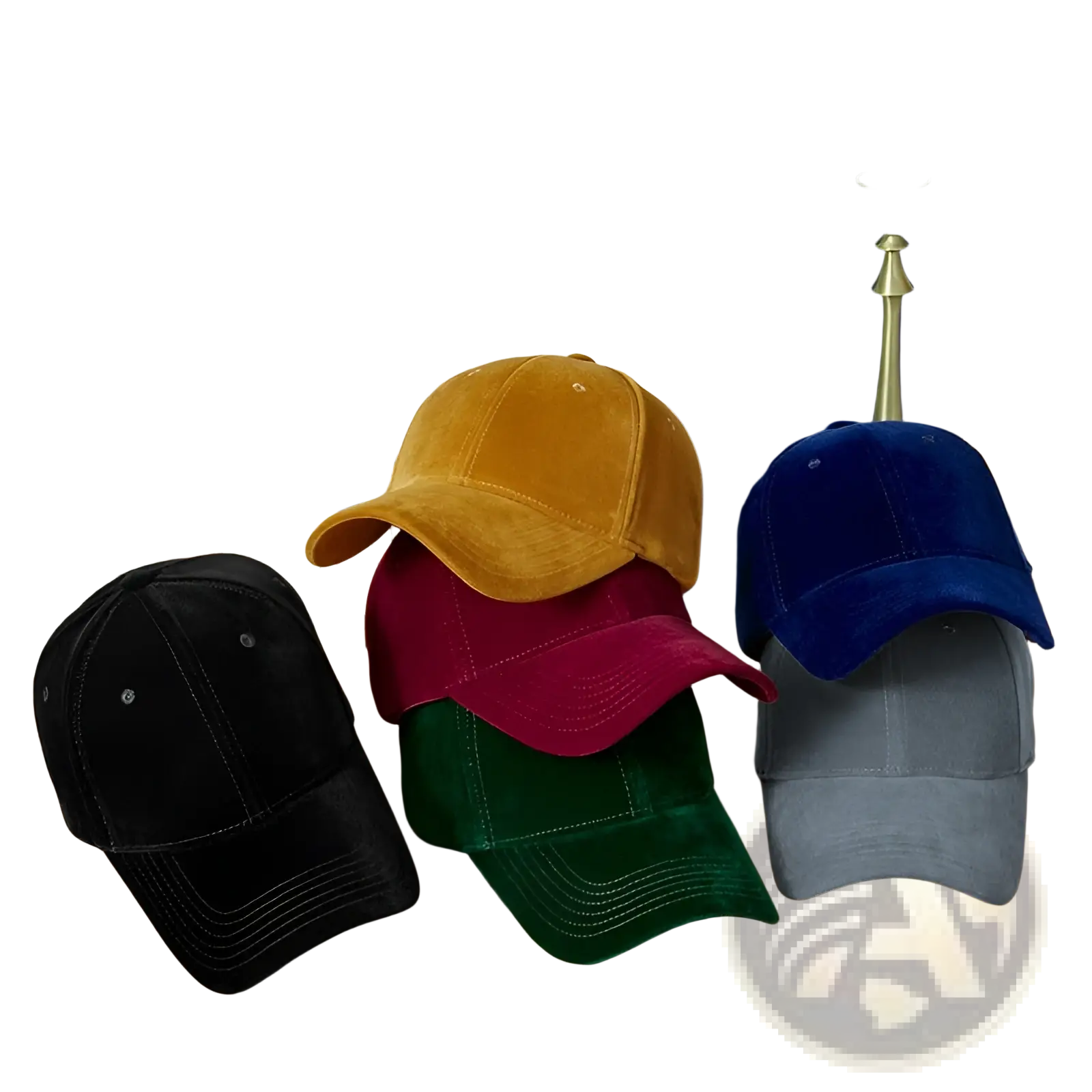 A stack of five thickened winter suede baseball caps in black, mustard yellow, burgundy, emerald green, and navy blue