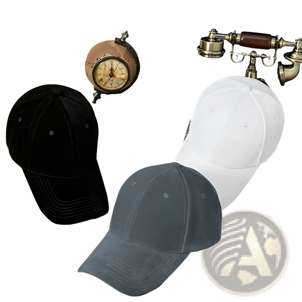 Three men’s suede thickened winter baseball caps in black white and gray displayed with vintage decor