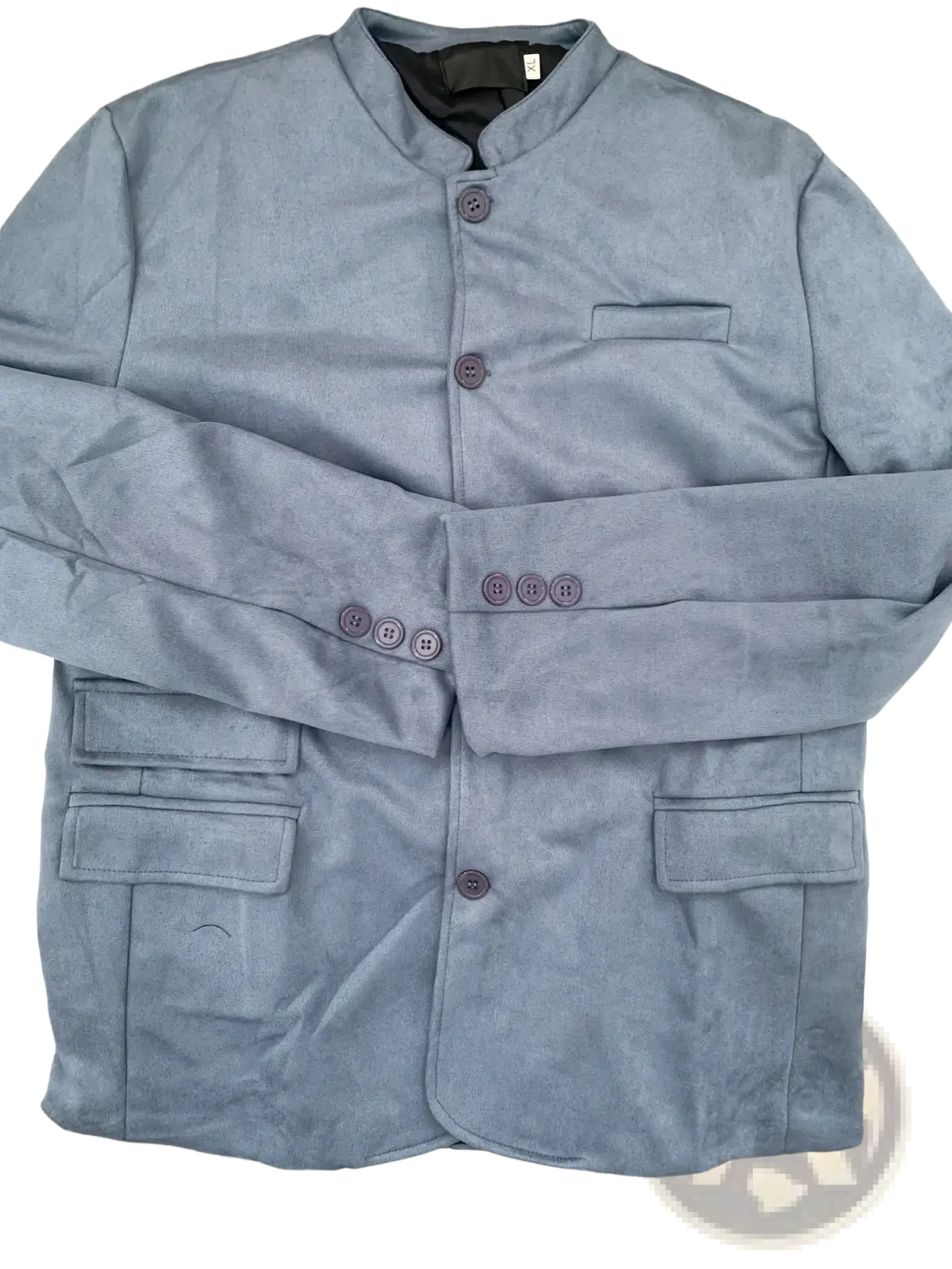 Men suede blazer casual suit jacket in light blue suede with mandarin collar dark gray buttons and front flap pockets