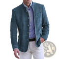 Men suede blazer casual suit jacket in teal suede with mandarin collar and button closure for formal wear