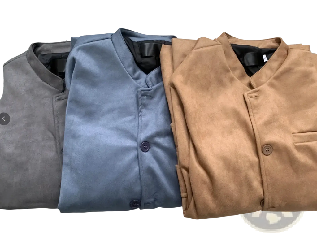 Men suede blazer casual suit jackets folded in gray blue and tan tones with button closures made of suede material