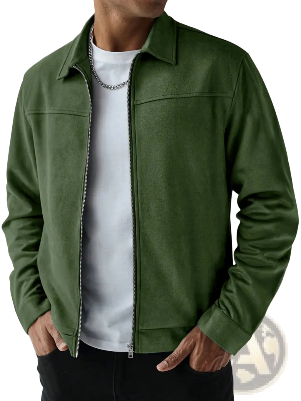 Men suede bomber jacket in olive green with front zipper and collar made of soft suede material