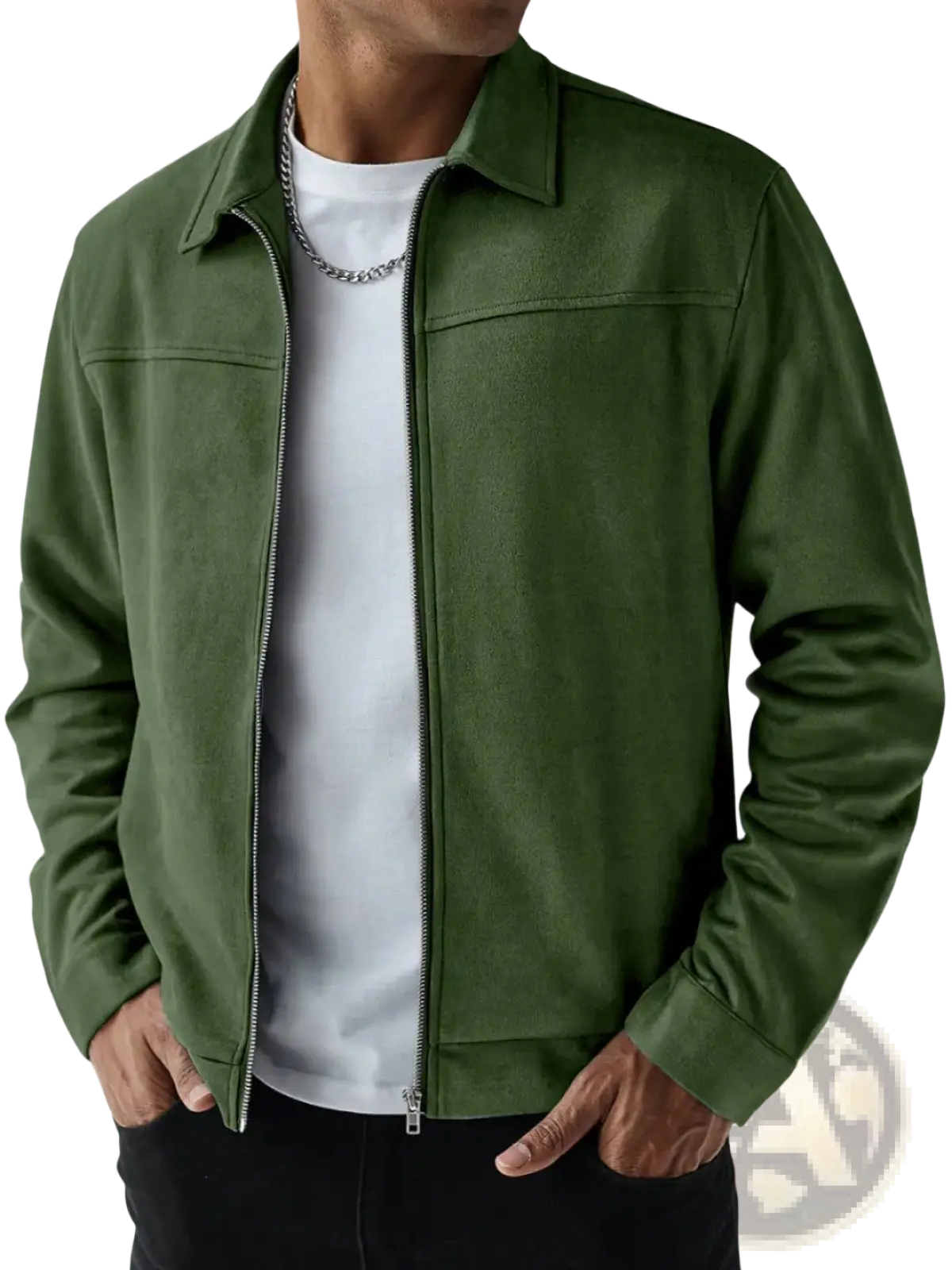 Men suede bomber jacket in olive green with front zipper and collar made of soft suede material