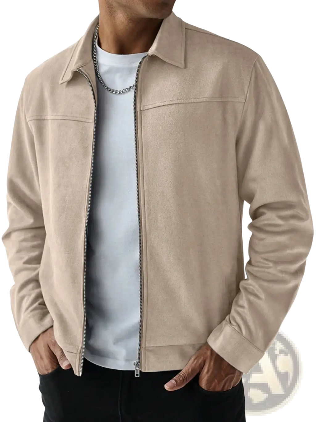 Beige suede men bomber jacket with classic collar and front zipper for stylish casual wear
