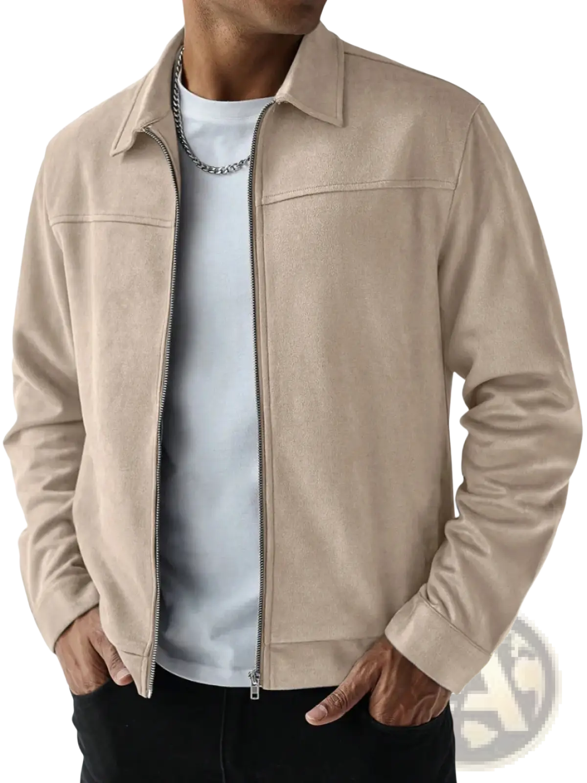 Beige suede men bomber jacket with classic collar and front zipper for stylish casual wear