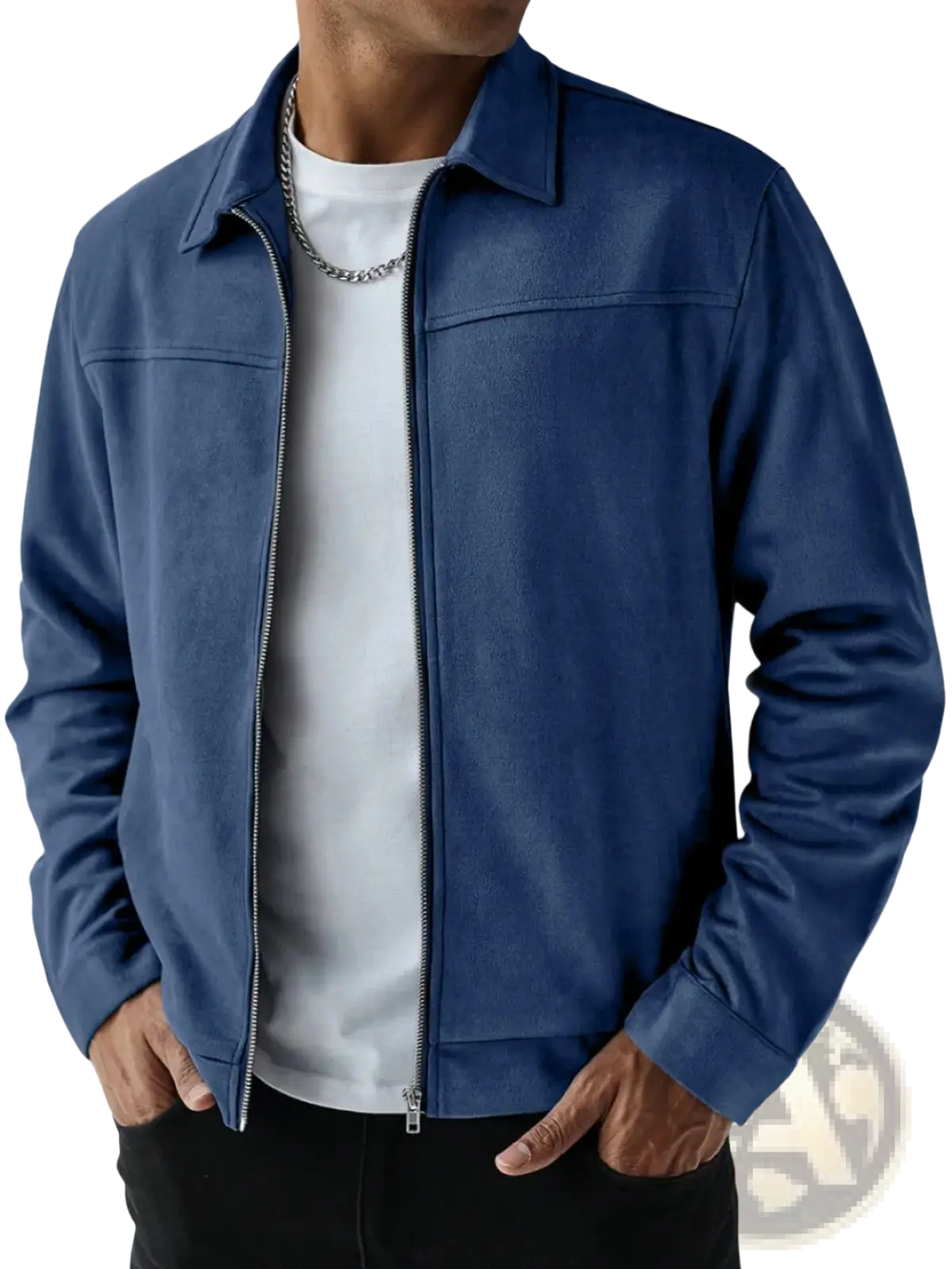 Men suede bomber jacket in blue with front zipper and collar made of soft suede material