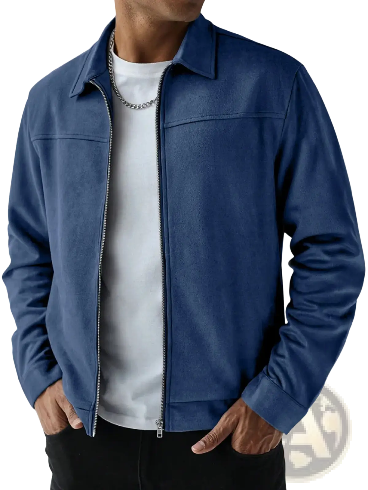 Men suede bomber jacket in blue with front zipper and collar made of soft suede material