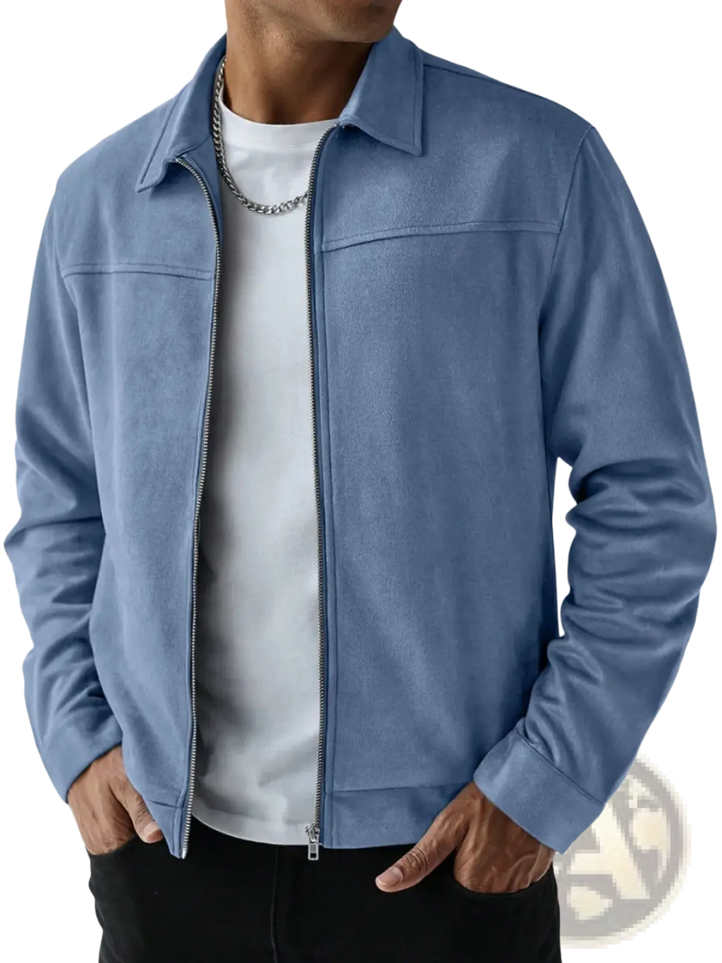 Men suede bomber jacket in blue with a zipper front and collar made of soft suede material