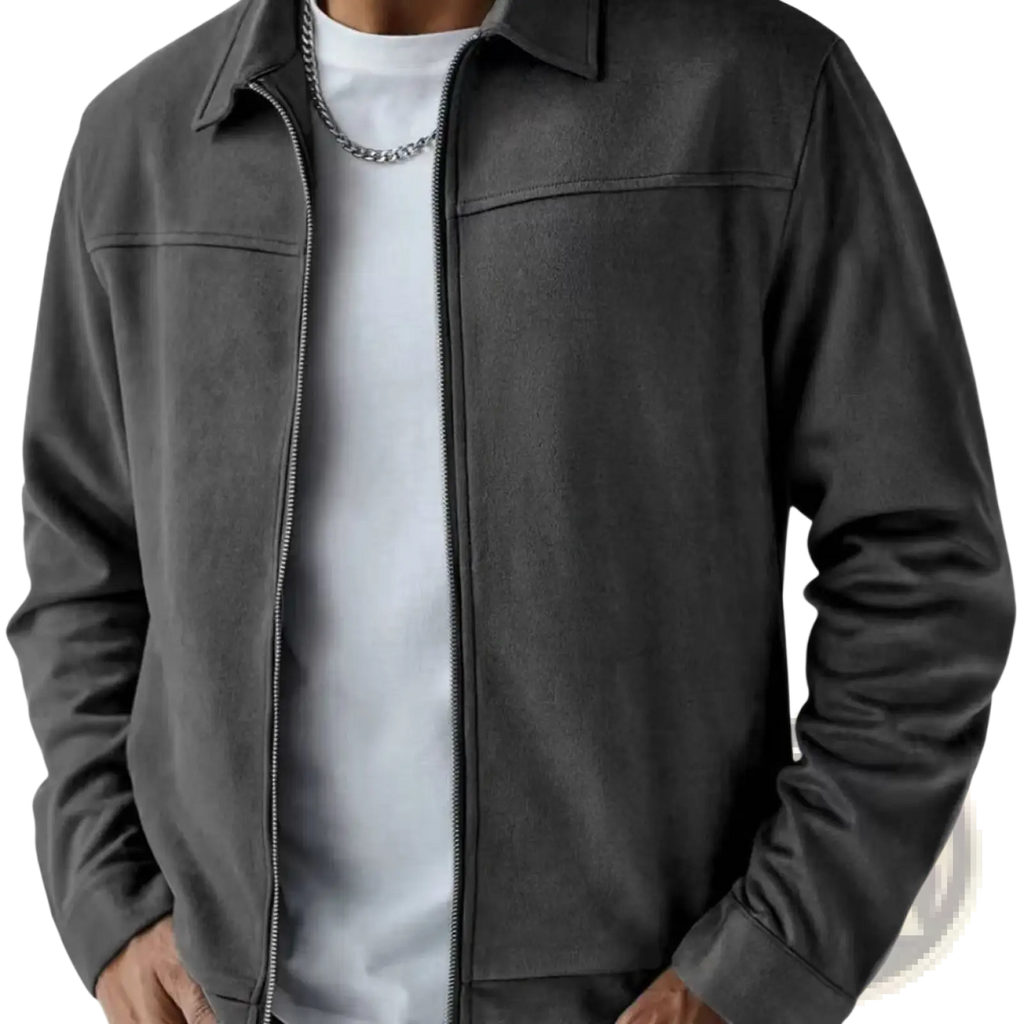 Men suede bomber jacket in dark gray suede with a full-length zipper and classic collar for casual wear