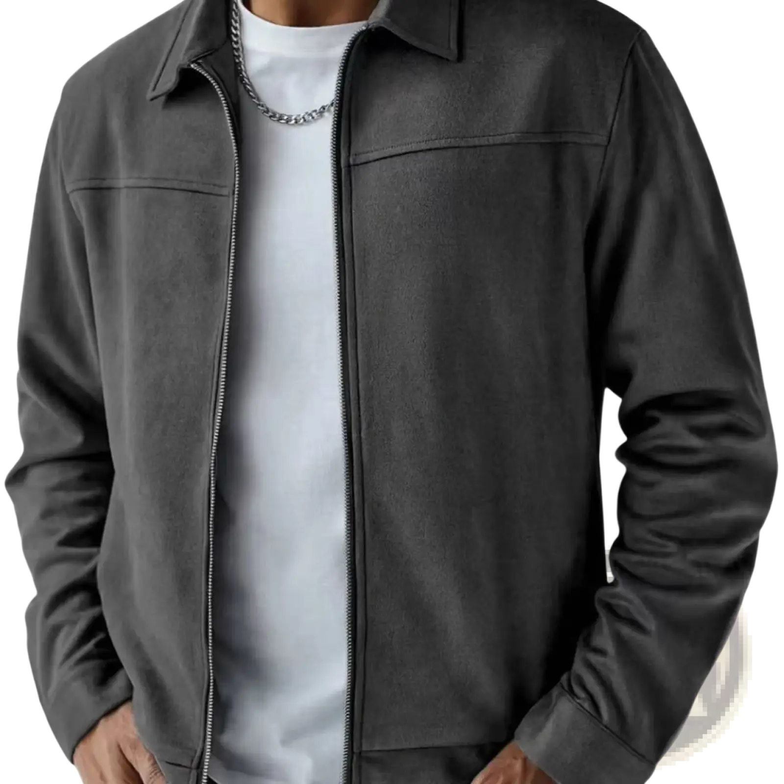Men suede bomber jacket in dark gray suede with a full-length zipper and classic collar for casual wear