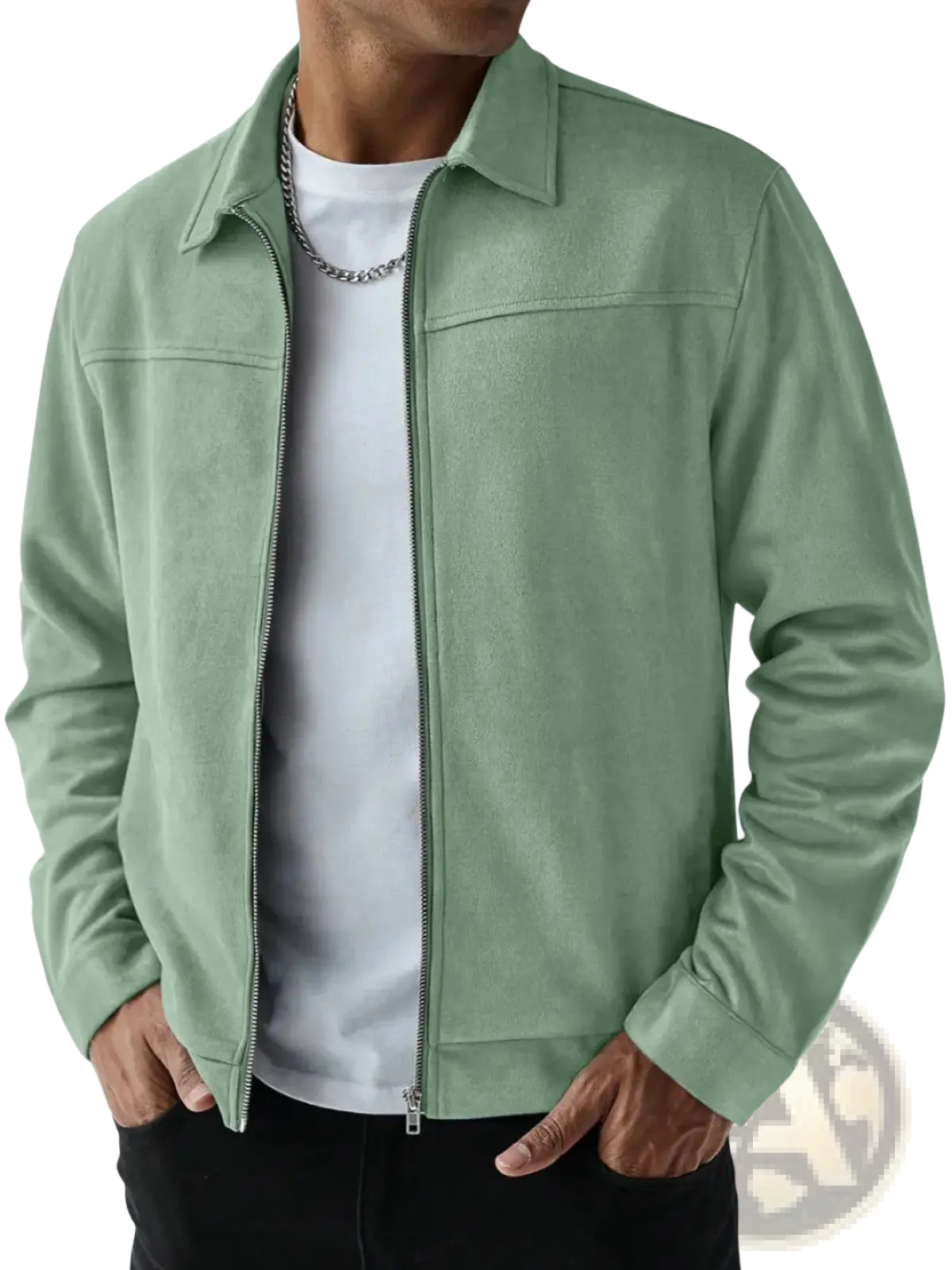 Men suede bomber jacket in light green with front zipper and collar made of soft suede material
