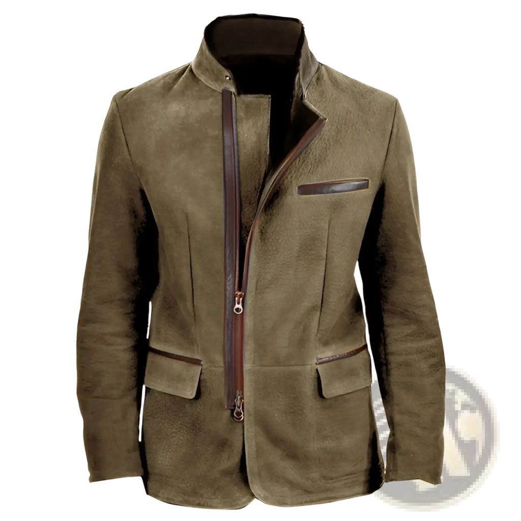 Men suede casual jacket in olive green with brown leather trim zipper details and stand collar for a stylish look