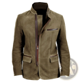 Men suede casual jacket in olive green with brown leather trim zipper details and stand collar for a stylish look