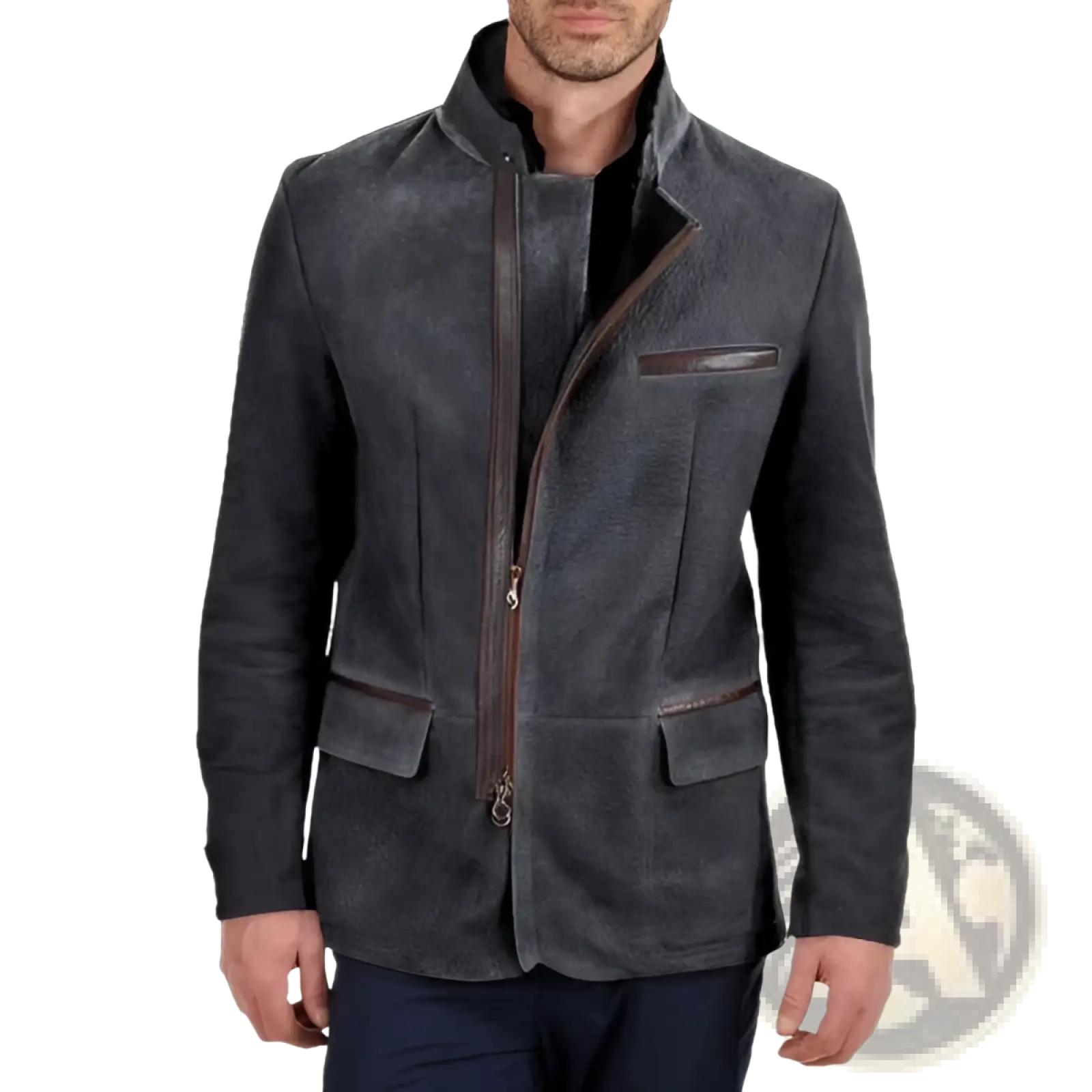 Men suede casual jacket in dark gray with brown leather trim and zipper details featuring a stand collar design