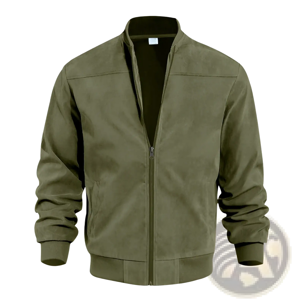 Men suede casual retro jacket olive green suede bomber jacket with ribbed cuffs and waistband shown from front