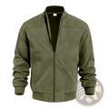 Men suede casual retro jacket olive green suede bomber jacket with ribbed cuffs and waistband shown from front