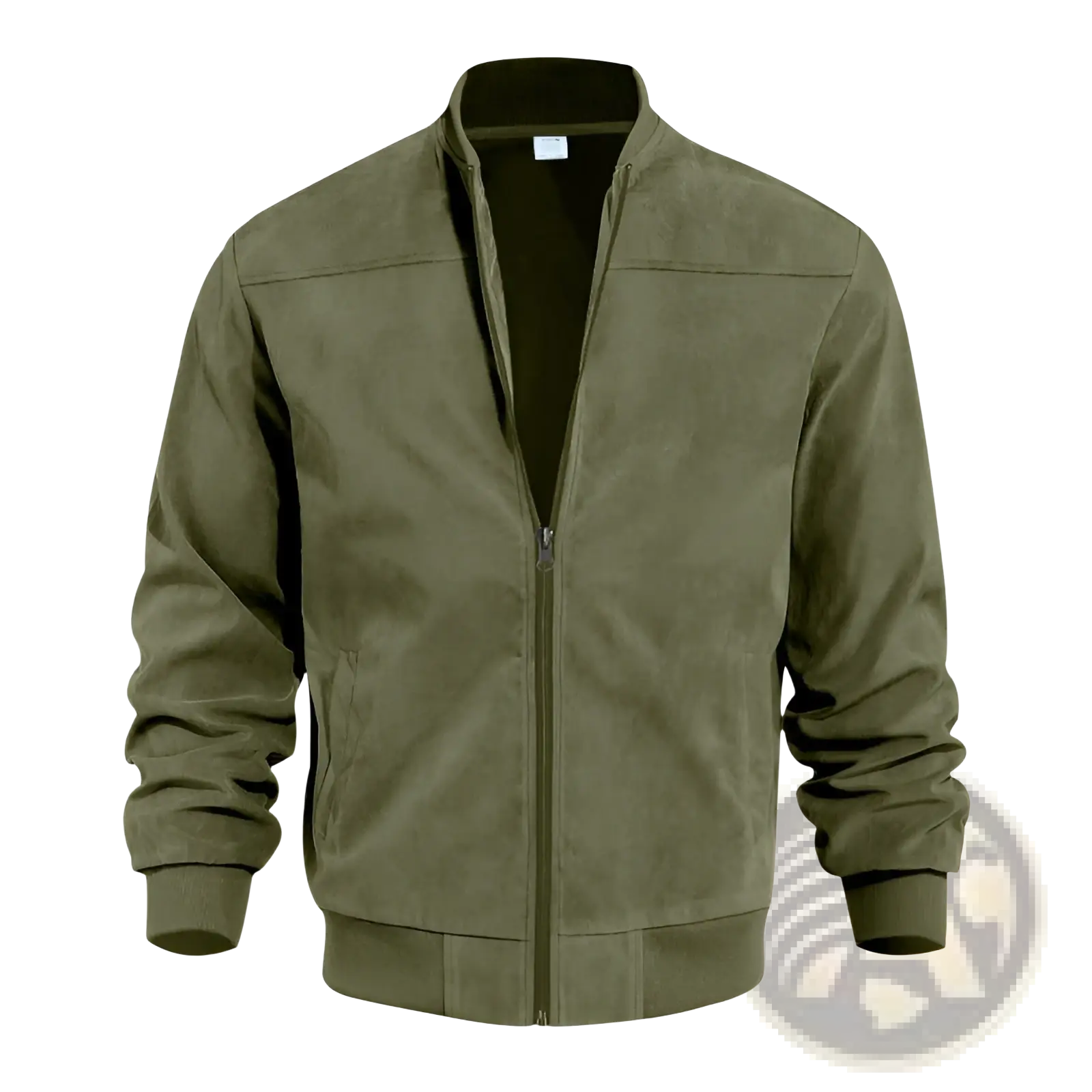 Men suede casual retro jacket olive green suede bomber jacket with ribbed cuffs and waistband shown from front